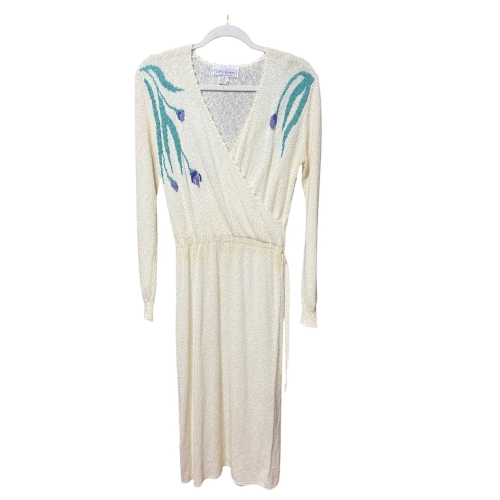 Le Nouveau Vintage Knit Maxi Dress Cream Floral Embroidery Wrap‎ Belted 70s 80s